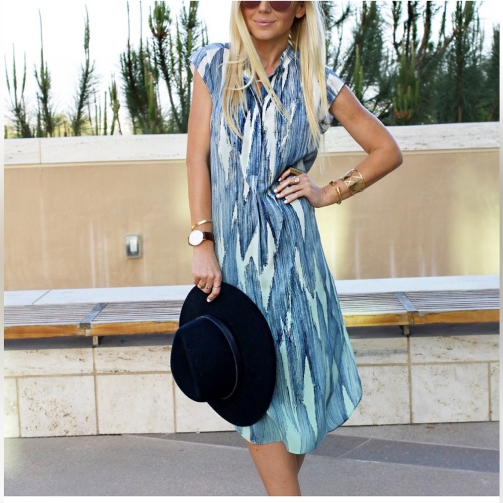 Rebecca Taylor Blue and Cream Silk Ombré Shift Midi Dress Size 0 XS‎